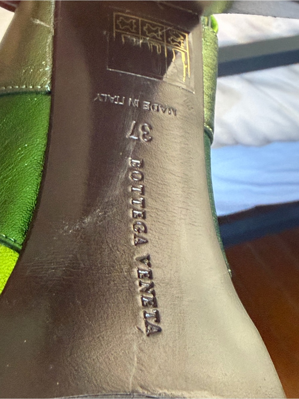Bottega Veneta Metallic Green Leather Strappy Platform Heels - Picture 2 of 7